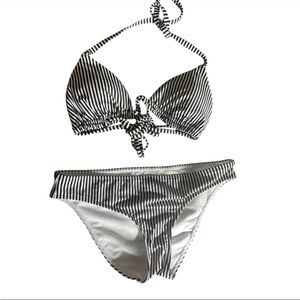 Hollister Women’s Black White Stripe Bikini Set Size M Halter Top & Bottoms Y2K